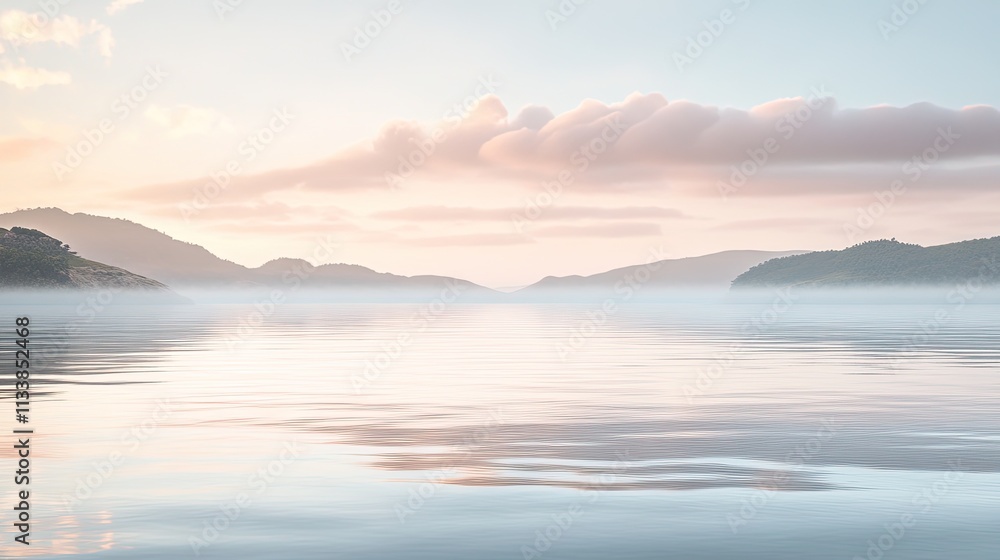 Serene sunrise over calm lake, misty mountains reflecting in still water. Serene sunrise over calm lake, misty mountains reflecting in still water.