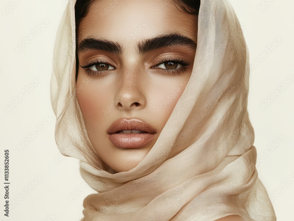 Closeup Portrait of a Woman with Beige Scarf Sensual Makeup Beauty Shot Fashionable Elegant Style Closeup Portrait of a Woman with Beige Scarf Sensual Makeup Beauty Shot Fashionable Elegant Style