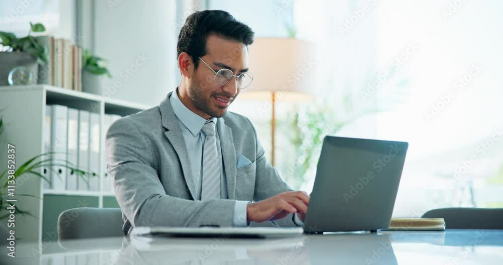 Accounting, documents and laptop with business man in office for financial or wealth management. Banking, bookkeeping and complete task on computer with accountant at work for finance or review Accounting, documents and laptop with business man in office for financial or wealth management. Banking, bookkeeping and complete task on computer with accountant at work for finance or review
