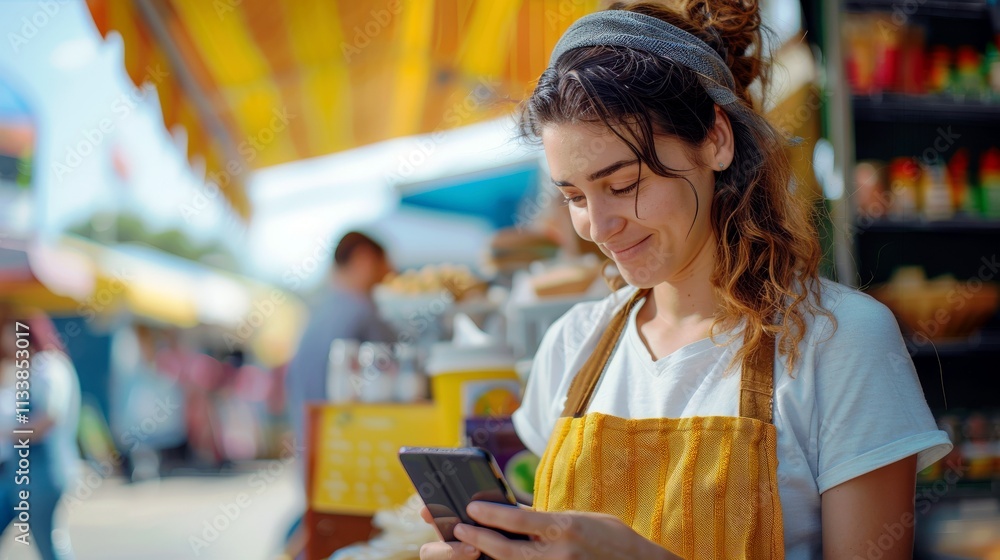 Young woman with curly hair smiles while using smartphone in a vibrant outdoor market setting with colorful stalls and a lively atmosphere in the background Young woman with curly hair smiles while using smartphone in a vibrant outdoor market setting with colorful stalls and a lively atmosphere in the background