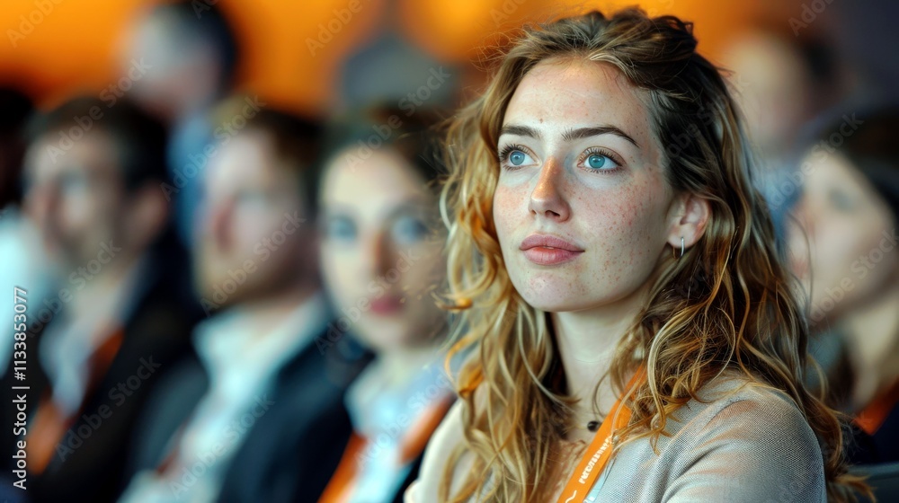 Young Woman with Freckles Attending Conference, Focused on Presentation in Audience of Professionals in Bright Indoor Setting Young Woman with Freckles Attending Conference, Focused on Presentation in Audience of Professionals in Bright Indoor Setting