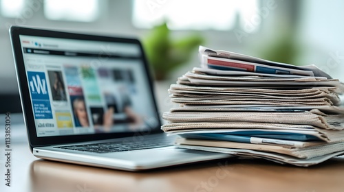 Laptop and Stack of Newspapers Showcasing Online and Print Media