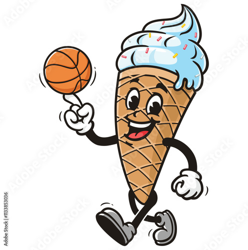 Ice Cream playing basketball,  Cartoon Character Mascot Illustration Vector Clip-art Hand-drawn Logo Design
