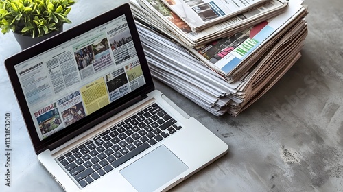Laptop displaying online news beside a stack of newspapers