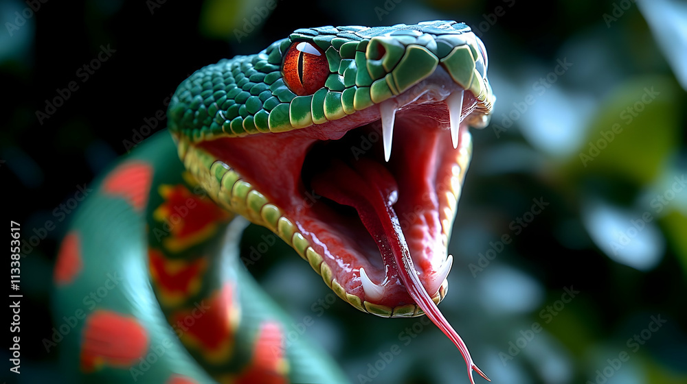 Venomous Snake Strikes with Fangs, Red Tongue Flicks, Predator in Jungle Venomous Snake Strikes with Fangs, Red Tongue Flicks, Predator in Jungle