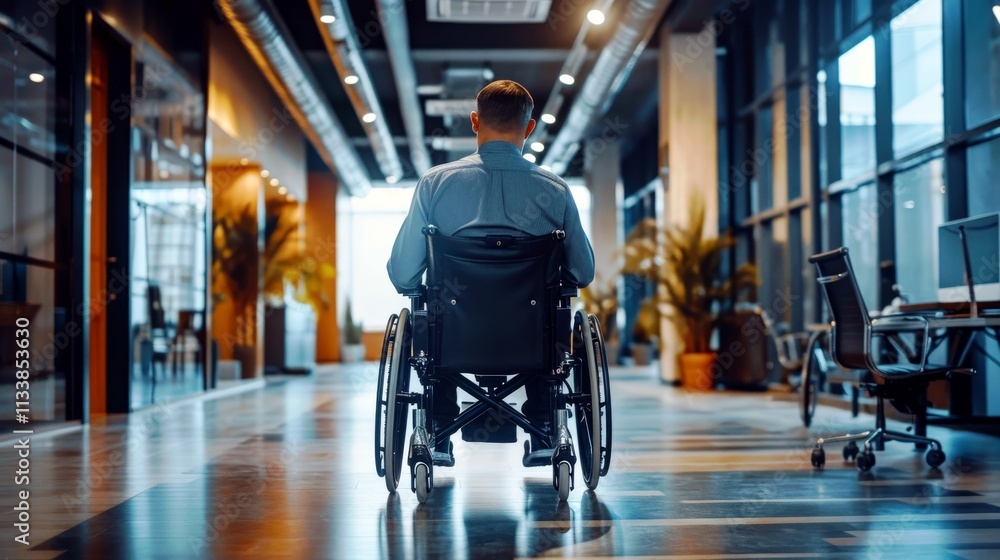 Man in wheelchair looking down modern corridor of a contemporary office building, showcasing accessibility and inclusive design in workspaces Man in wheelchair looking down modern corridor of a contemporary office building, showcasing accessibility and inclusive design in workspaces