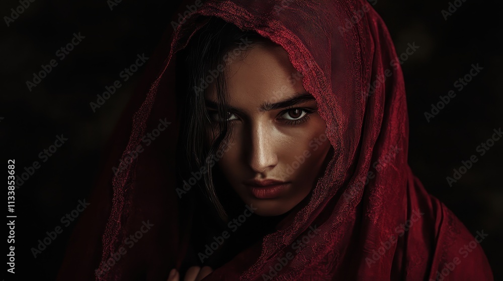 Mysterious Woman in Red Veil: A Portrait of Intrigue and Hidden Identity Mysterious Woman in Red Veil: A Portrait of Intrigue and Hidden Identity