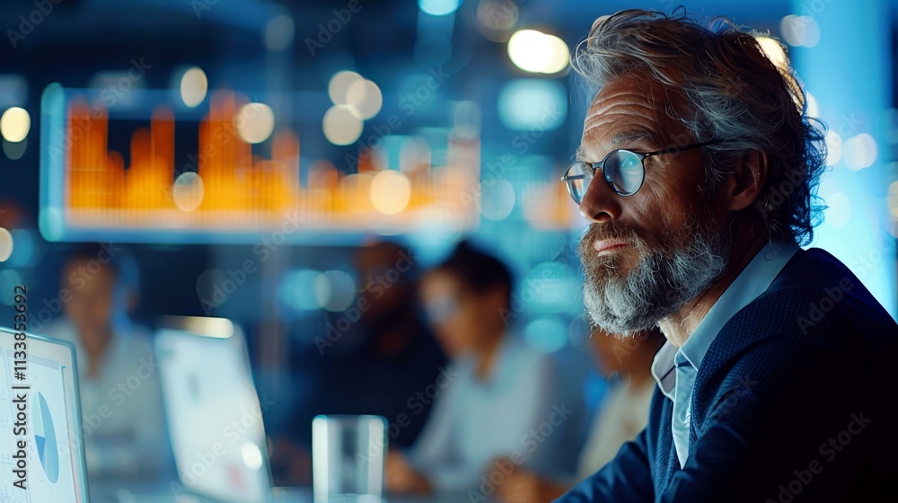 Professional man working at a computer in a modern office setting with colleagues in the background and analytical graphics on the screen Professional man working at a computer in a modern office setting with colleagues in the background and analytical graphics on the screen