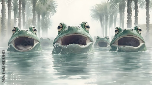 Frogs Croaking Loudly in Misty Oasis photo