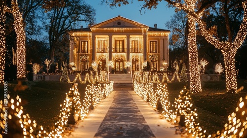 A magical holiday celebration at a beautifully decorated country estate with sparkling lights Guests arrive dressed in festive attire to enjoy the season in a luxurious setting 