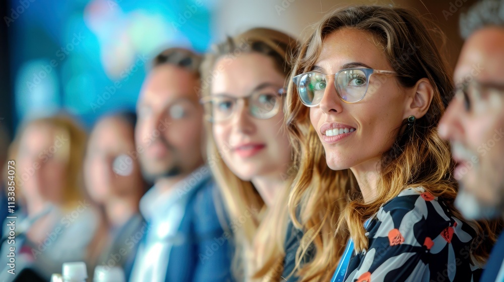 Group of Diverse Professionals Engaged in a Thoughtful Discussion at a Conference with Focus on a Young Woman in Stylish Glasses and Colorful Attire Group of Diverse Professionals Engaged in a Thoughtful Discussion at a Conference with Focus on a Young Woman in Stylish Glasses and Colorful Attire