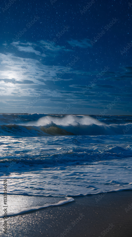 Ocean waves under a starry sky create a serene and mystical atmosphere. Ocean waves under a starry sky create a serene and mystical atmosphere.