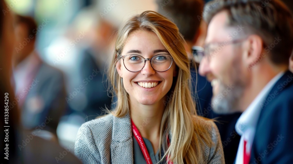 Young Smiling Woman in Business Attire Engaging with Colleagues at a Conference or Networking Event Young Smiling Woman in Business Attire Engaging with Colleagues at a Conference or Networking Event