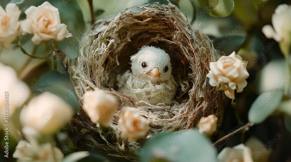 Fototapeta premium Adorable Fluffy Baby Bird in Nest Surrounded by Roses