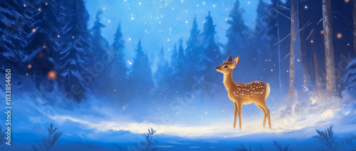 Graceful Deer in a Magical Winter Forest Scene photo