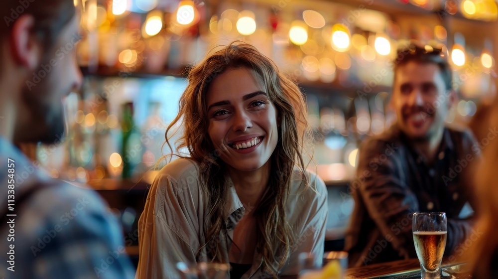 Fototapeta premium Young Woman Smiling at Friends in Cozy Bar Setting with Warm Lighting and Cheerful Atmosphere during Social Gathering Night Out