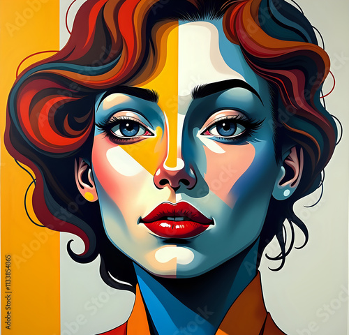 Striking Pop Art Woman Portrait with Red Wavy Hair against Geometric Background photo