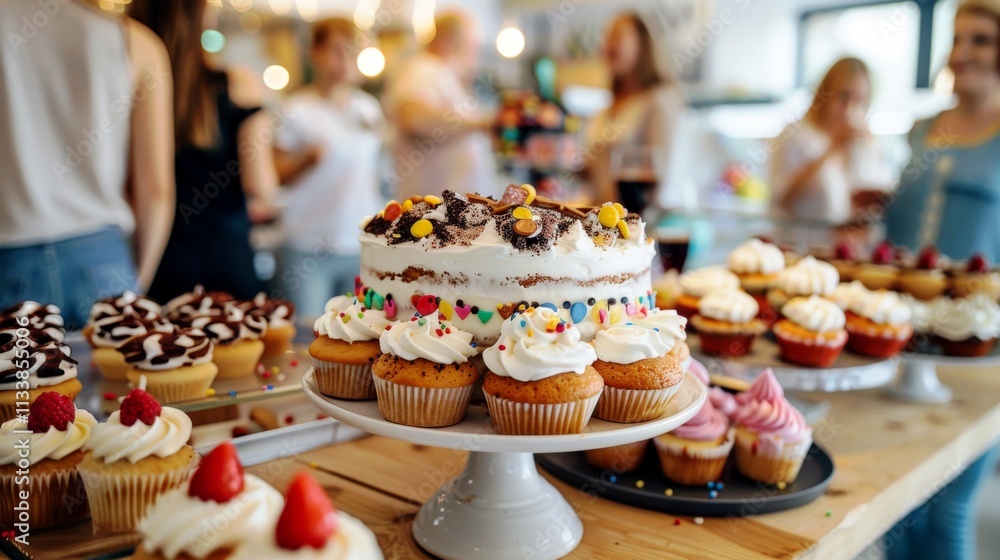 Delicious cake and colorful cupcakes display at a festive dessert party with people socializing in the background, perfect for sweet treat celebrations. Delicious cake and colorful cupcakes display at a festive dessert party with people socializing in the background, perfect for sweet treat celebrations.