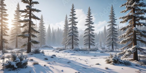 Snowy wilderness with frost-covered pine trees, landscape, white, frosty, clear sky, cold