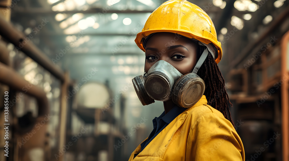A woman adorned in a vibrant yellow helmet and protective gas mask stands confidently in a hazardous work environment. Her sturdy attire hints at the dangerous nature of her surroundings. A woman adorned in a vibrant yellow helmet and protective gas mask stands confidently in a hazardous work environment. Her sturdy attire hints at the dangerous nature of her surroundings.