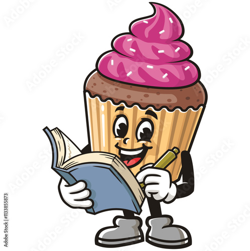 Cupcake with book,  Cartoon Character Mascot Illustration Vector Clip-art Hand-drawn Logo Design