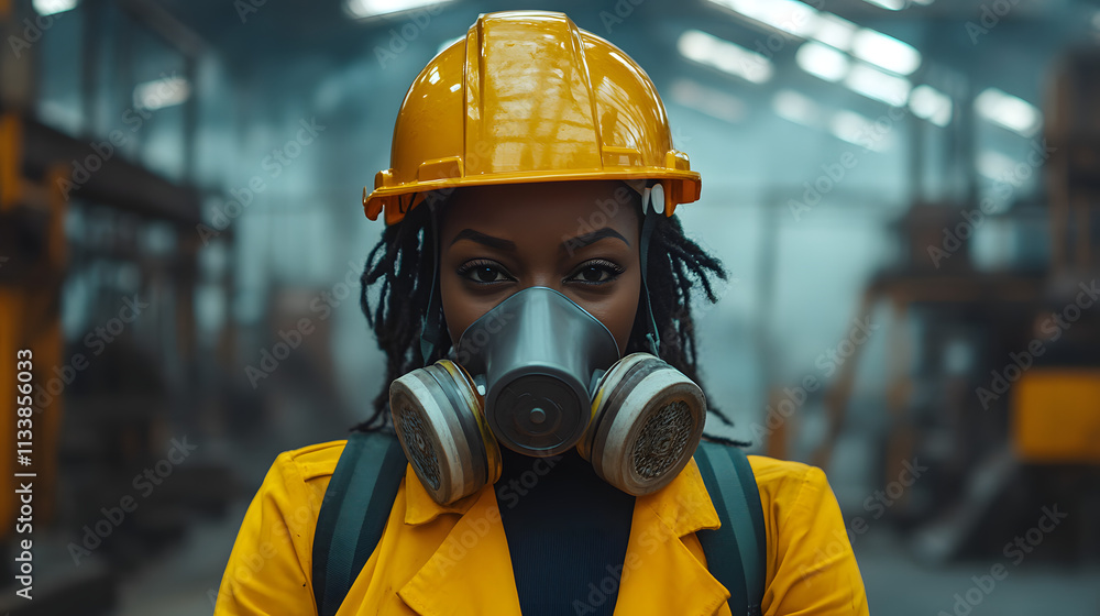 A woman adorned in a vibrant yellow helmet and protective gas mask stands confidently in a hazardous work environment. Her sturdy attire hints at the dangerous nature of her surroundings. A woman adorned in a vibrant yellow helmet and protective gas mask stands confidently in a hazardous work environment. Her sturdy attire hints at the dangerous nature of her surroundings.