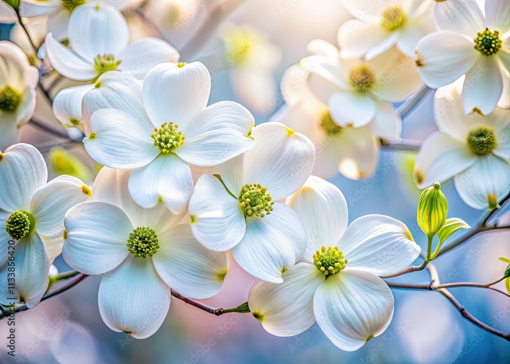 Obraz premium Delicate dogwood blossoms, minimalist spring wallpaper.