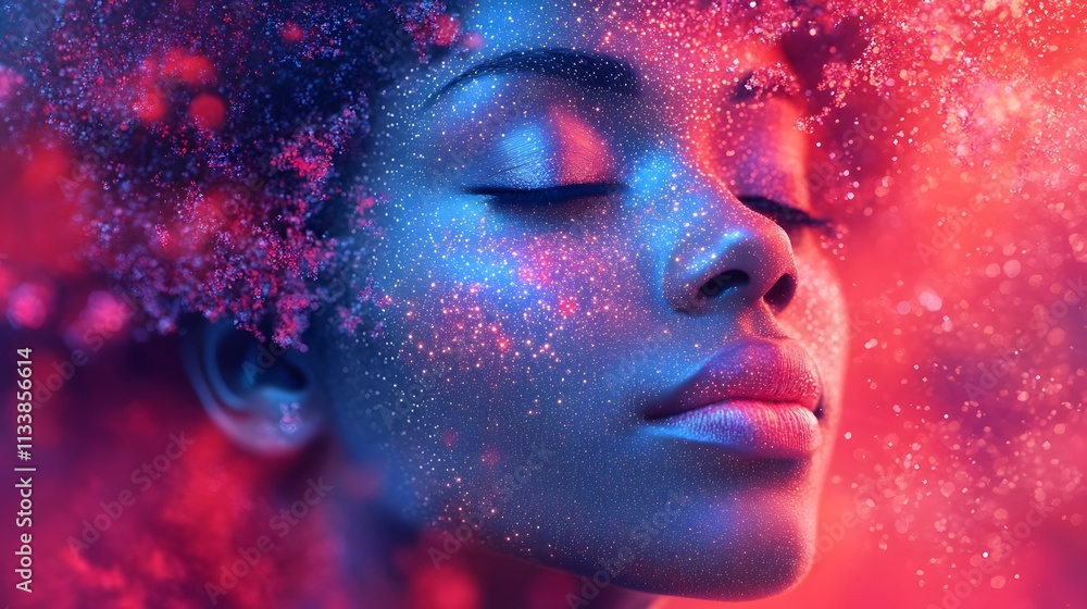 Serene woman with vibrant, glittery makeup and hair, bathed in red and blue light. Serene woman with vibrant, glittery makeup and hair, bathed in red and blue light.
