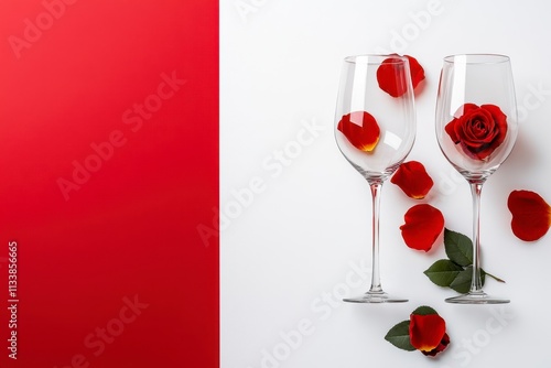 Romantic wine toast with red roses elegant table setting minimalist art indoor close-up love and connection concept