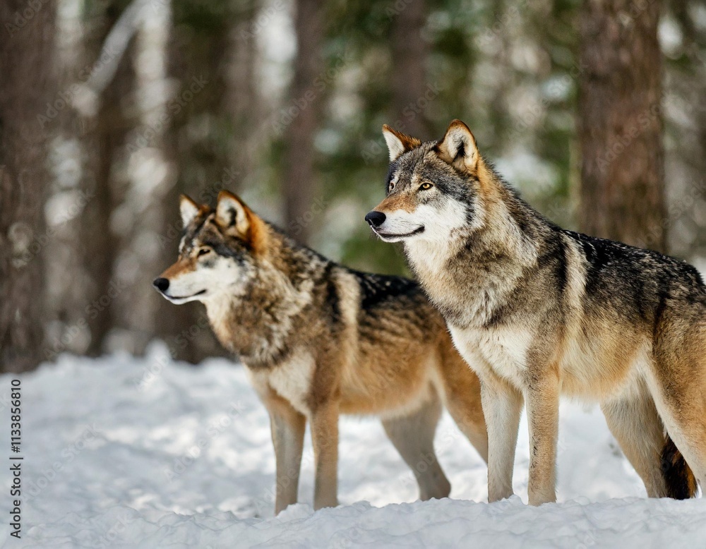 Pair of Wolves Standing in Snow-Covered Forest Observing Their Surroundings Pair of Wolves Standing in Snow-Covered Forest Observing Their Surroundings