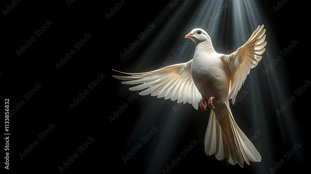 White Dove Soars Gracefully, Wings Spread Wide in Light Beams White Dove Soars Gracefully, Wings Spread Wide in Light Beams