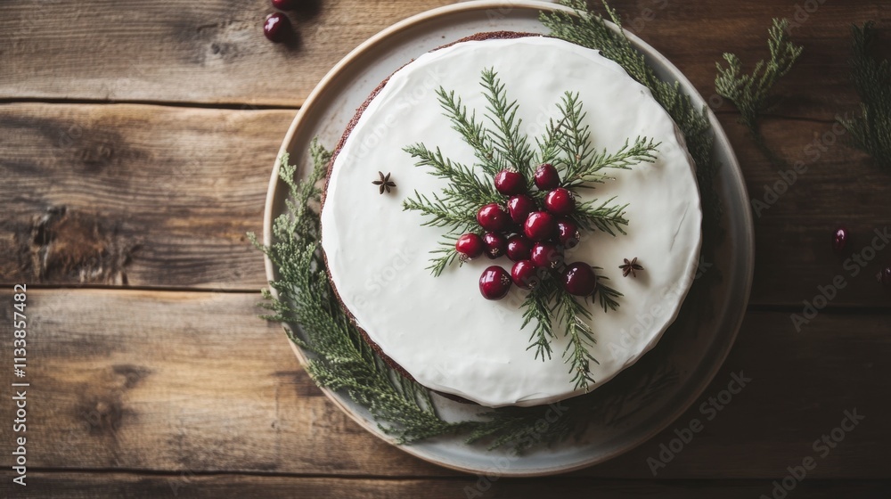 Festive Cranberry and Evergreen Christmas Cake on Rustic Wood Festive Cranberry and Evergreen Christmas Cake on Rustic Wood