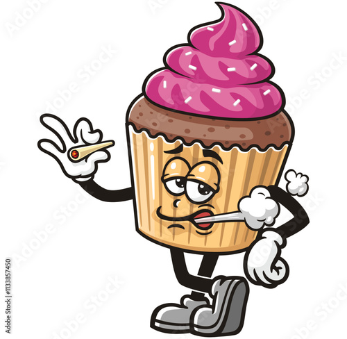 Smoking Cupcake Cartoon Character Mascot Illustration Vector Clip-art Hand-drawn Logo Design