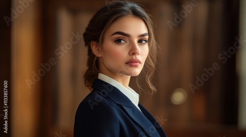 A confident female lawyer, in a sleek navy blazer, standing in a courtroom, addressing the judge. Her hair is styled in a polished updo, and she has a focused, determined expression.