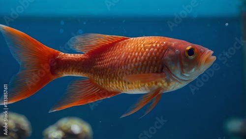 Close Up of a Red Fish with Open Mouth Swimming in Blue Water