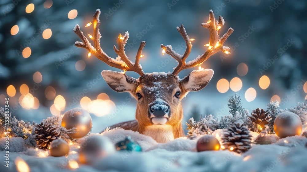 Festive Reindeer in Snowy Winter Wonderland with Lights Festive Reindeer in Snowy Winter Wonderland with Lights