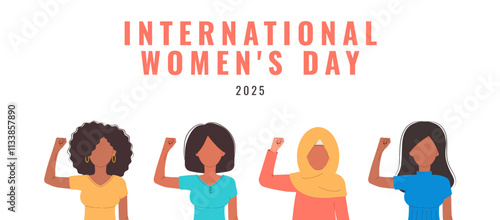 International Womens Day 8 march banner. 2025 AccelerateAction. Group of women in different ethnicity,age,hair color and more showing strength in their hand. Vector illustration photo