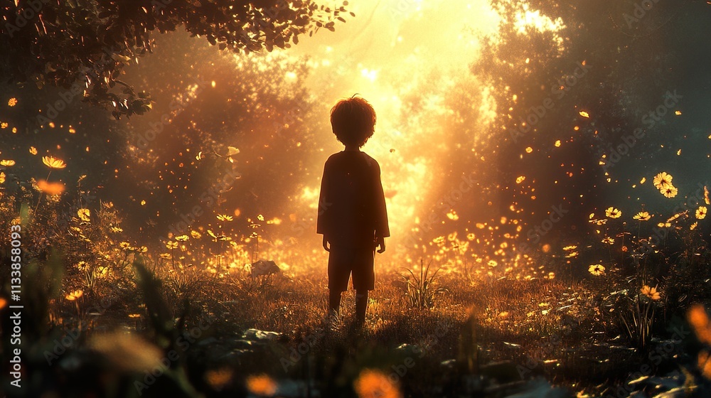 Boy in a Golden Flower Field: A Dreamlike Sunset Scene Boy in a Golden Flower Field: A Dreamlike Sunset Scene