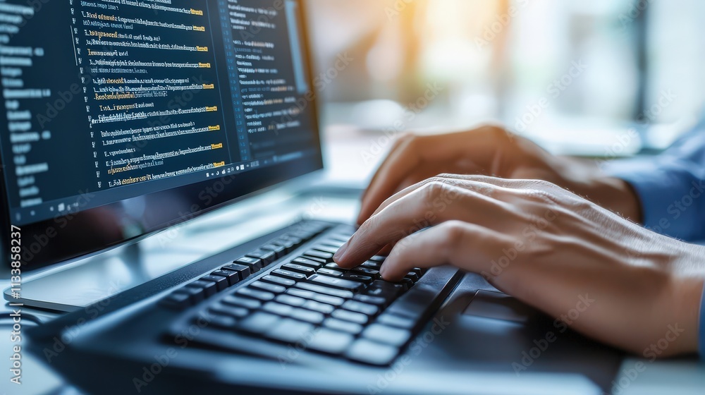 Hands typing on a keyboard with a registration page on the monitor Hands typing on a keyboard with a registration page on the monitor