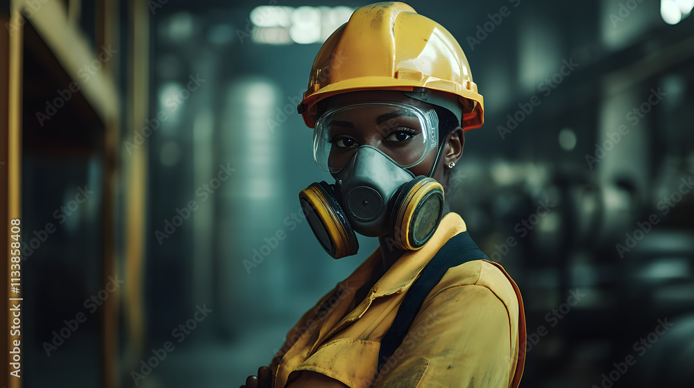 A woman adorned in a vibrant yellow helmet and protective gas mask stands confidently in a hazardous work environment. Her sturdy attire hints at the dangerous nature of her surroundings. A woman adorned in a vibrant yellow helmet and protective gas mask stands confidently in a hazardous work environment. Her sturdy attire hints at the dangerous nature of her surroundings.