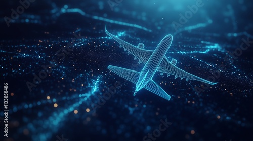 A glowing wireframe airplane in motion, digital grid paths, dark blue background, innovative transportation, and high-tech aviation design.