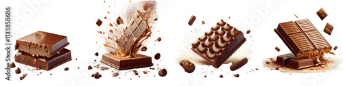Chocolate bar exploding with cocoa pieces and splashes isolated on transparent background