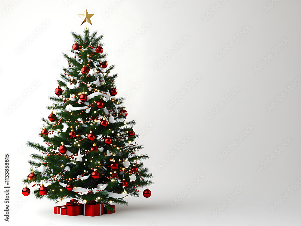 Green Christmas tree decorated with a star on top, surrounded by red balls covered with a little snow. Green Christmas tree decorated with a star on top, surrounded by red balls covered with a little snow.