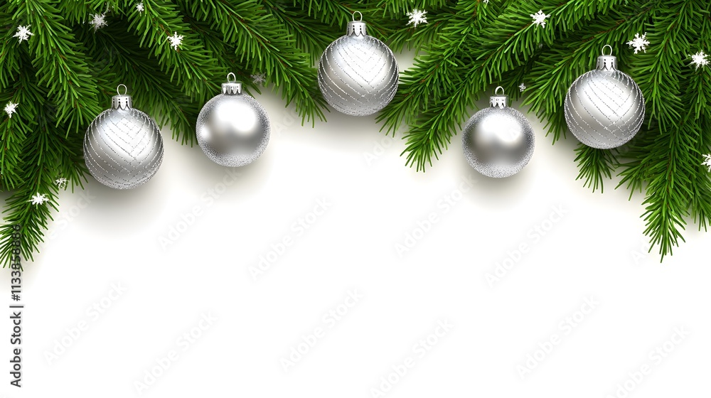 Silver Christmas baubles and pine branches border on white background. Silver Christmas baubles and pine branches border on white background.