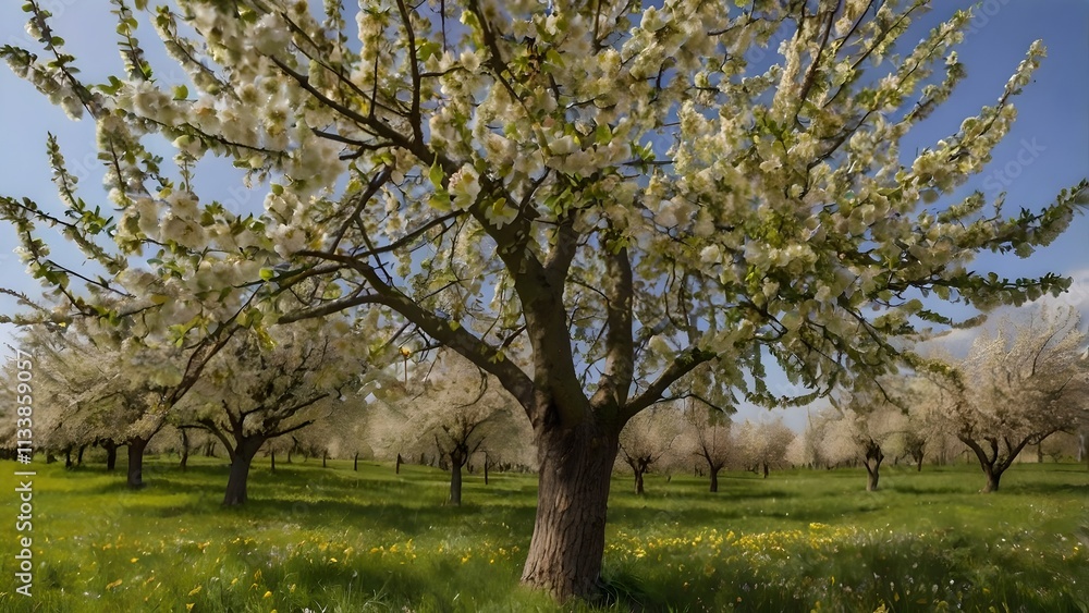 Spring Orchard Panorama Blooming Apple Trees Spring Orchard Panorama Blooming Apple Trees
