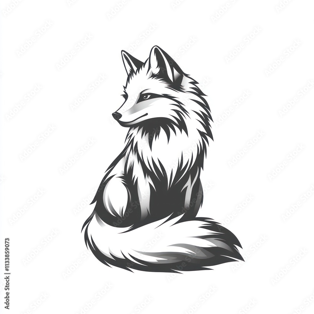 Monochrome illustration of a sitting fox with a fluffy tail. Monochrome illustration of a sitting fox with a fluffy tail.