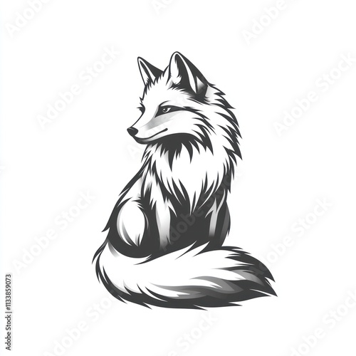 Monochrome illustration of a sitting fox with a fluffy tail.