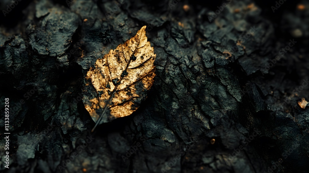 Single golden leaf on dark tree bark. Single golden leaf on dark tree bark.