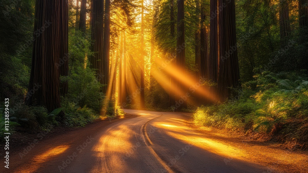 Golden Rays Illuminating Redwood Forest Road Golden Rays Illuminating Redwood Forest Road