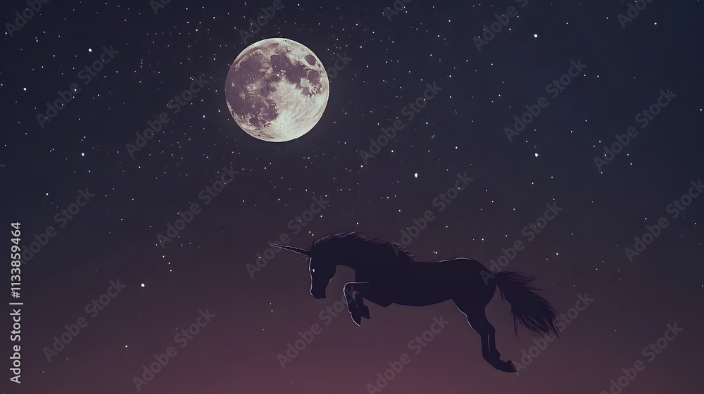 Black Unicorn Leaps Beneath Night Sky Moon Stars Black Unicorn Leaps Beneath Night Sky Moon Stars